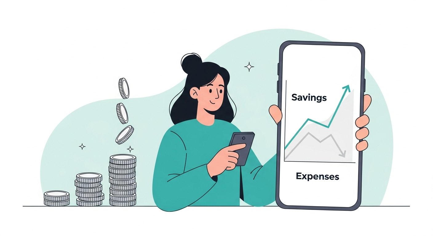 스마트폰으로 저축 그래프를 확인하며 즐거워하는 사람과 쌓여가는 동전 더미