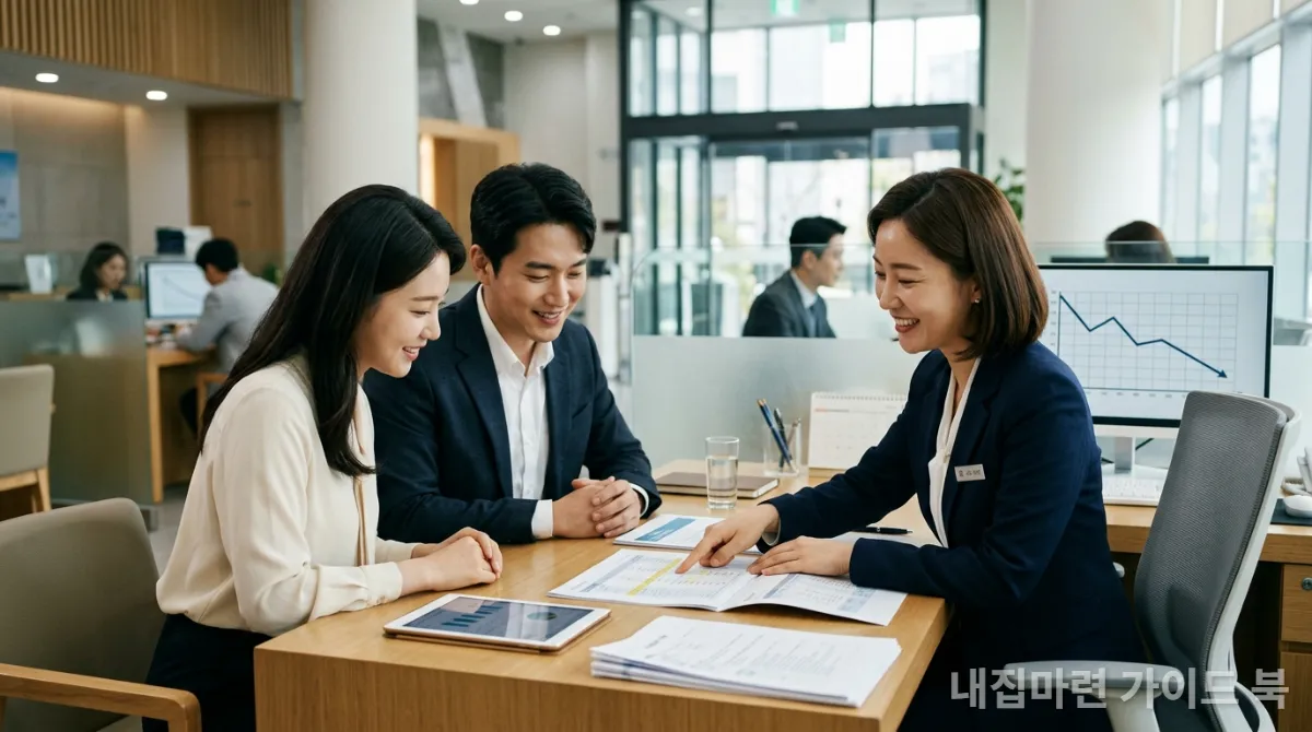 내 집 마련 디딤돌 대출 상담을 받고 있는 한국인 부부와 은행원의 모습