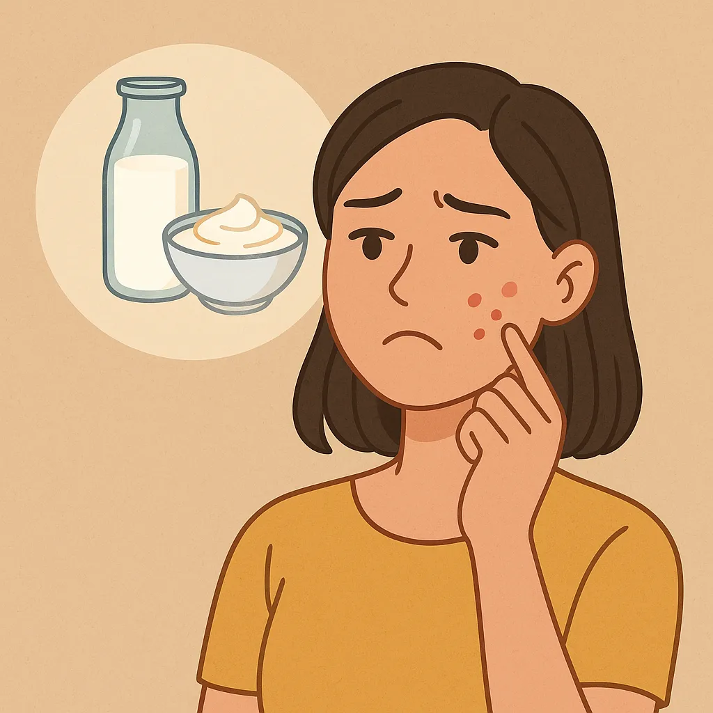 유제품이-피부에-미치는-영향을-표현한-일러스트로,-여성이-피부-트러블을-걱정스러운-표정으로-살피며,-옆에는-우유와-요거트가-떠올라-유제품과-피부-건강의-연관성을-상징함.