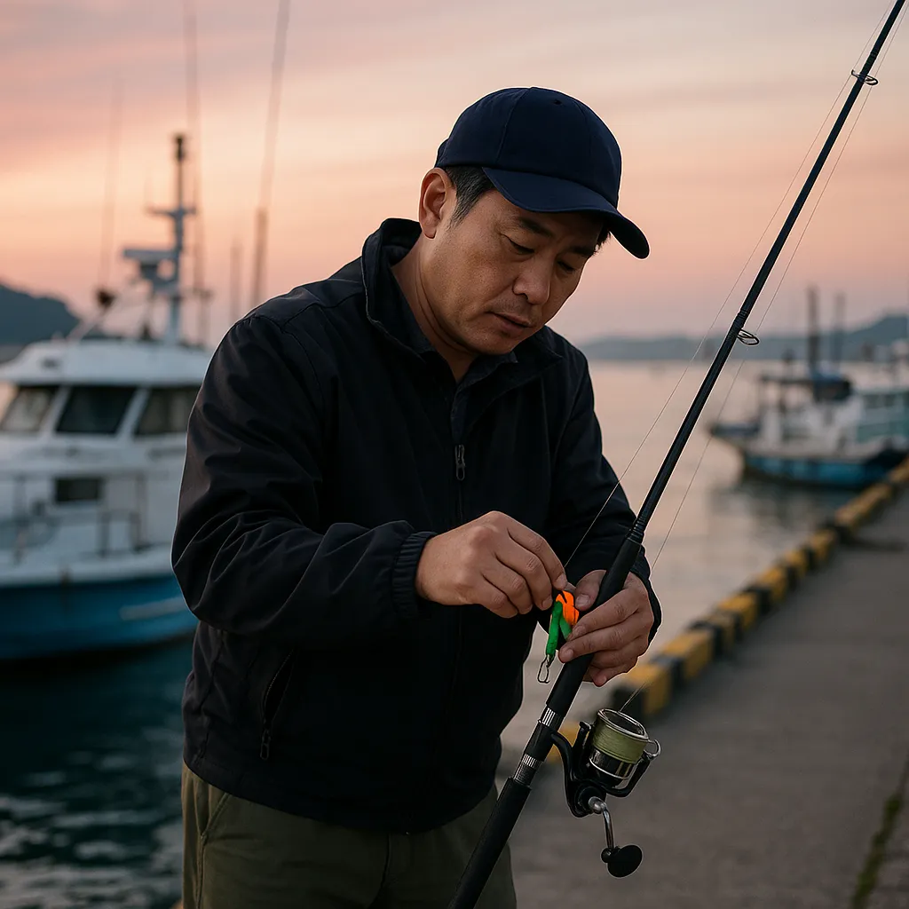 이른 아침 선착장에서 낚시 장비를 준비하는 남성