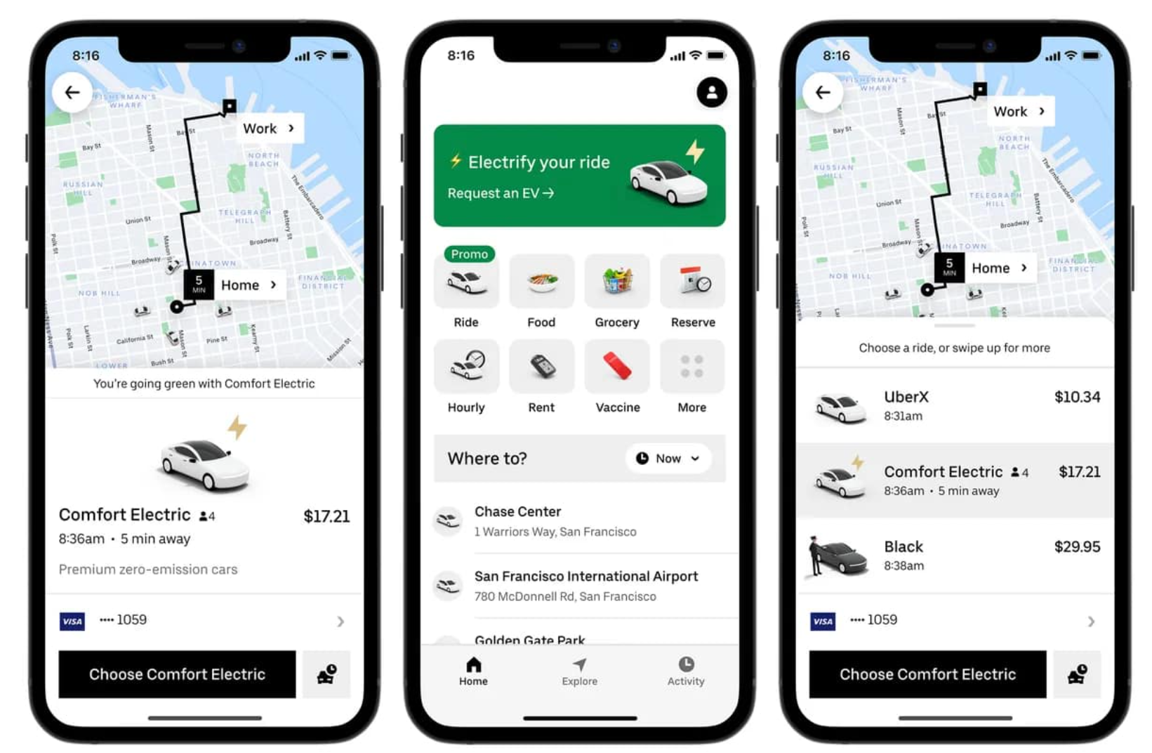 Uber app interface featuring ride options and navigation.