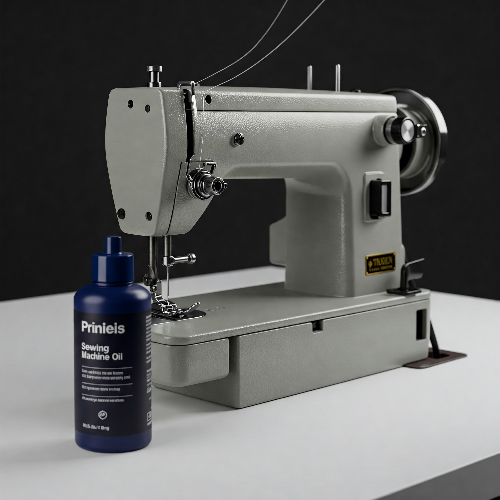 테이블 위에 미싱 한대, 오일 한통이 놓여 있다.