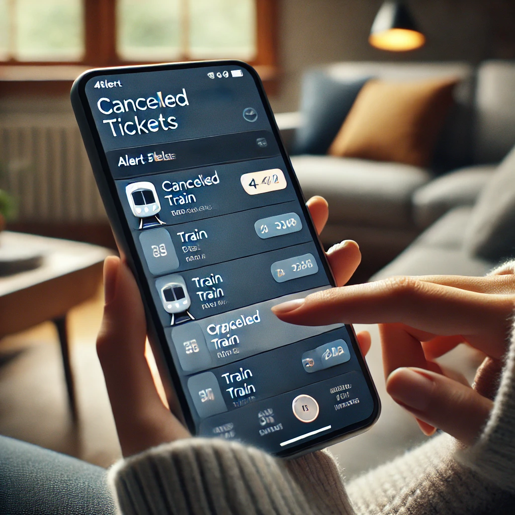스마트폰 앱에서 기차 취소표 알림을 설정하는 모습