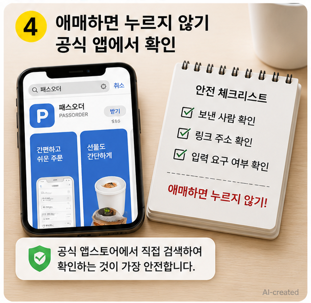 패스오더 선물 피싱 문제를 확인하기 위해 공식 앱을 직접 검색하는 과정
