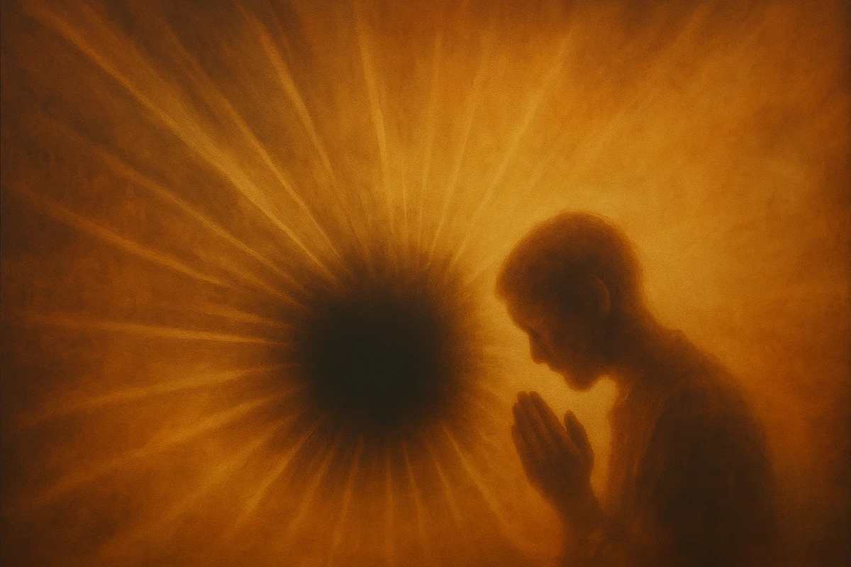 어둠 속 빛을 향해 기도하는 인물의 실루엣