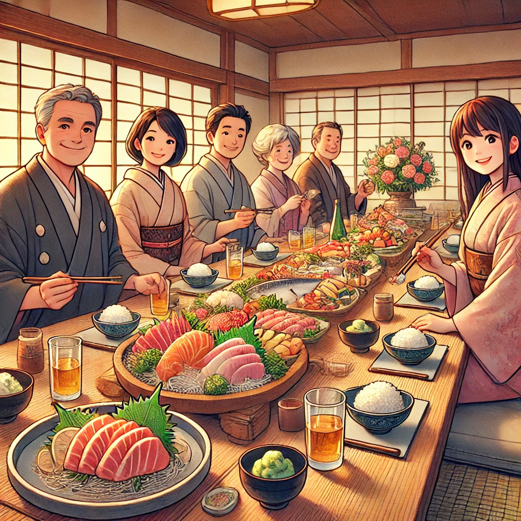 방안에서 생선회를 사람들이 모여서 식사하는 장면