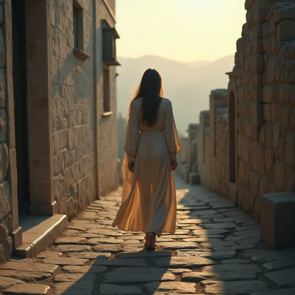 계단과 같은 길을 내려가고 있는 여인