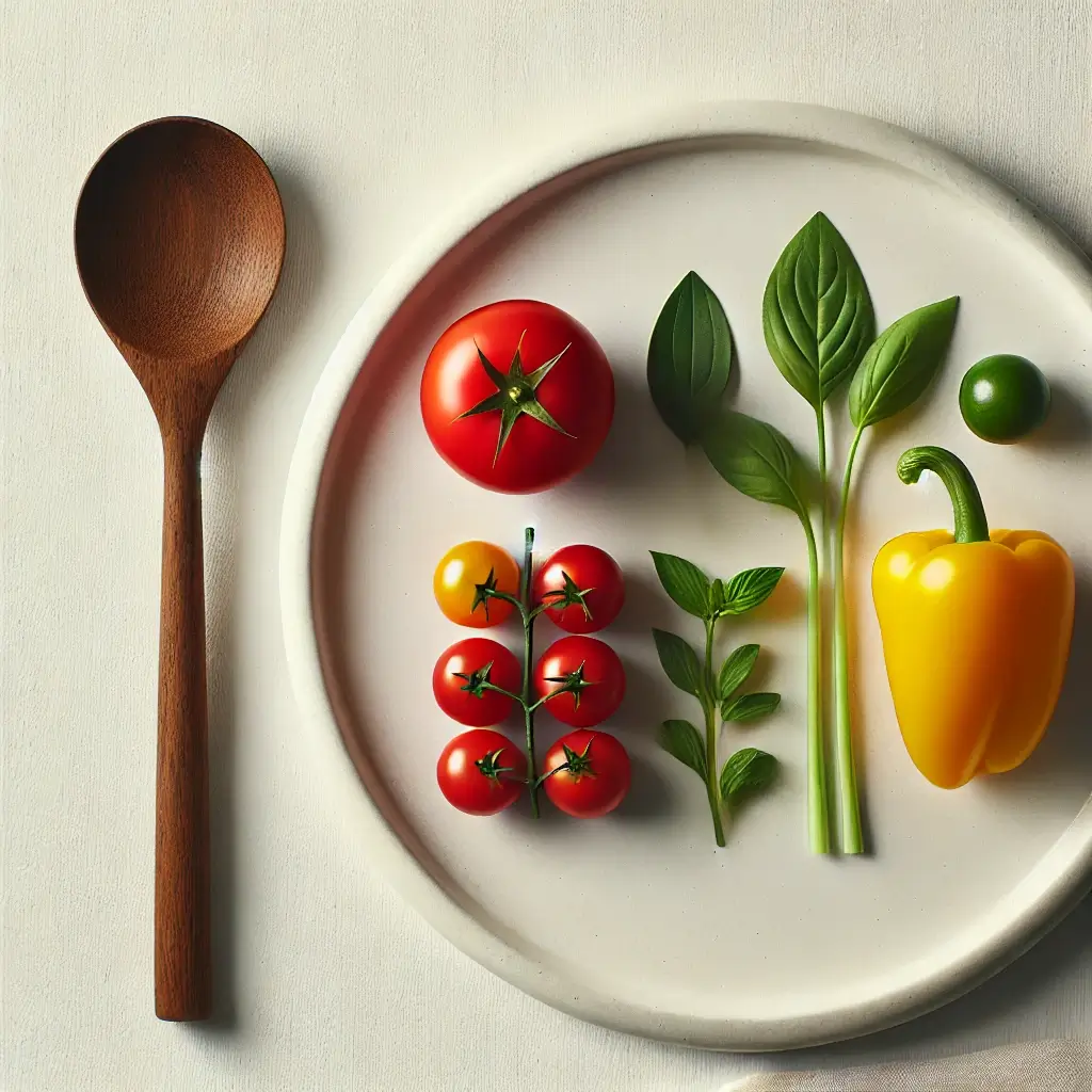 빨간색 토마토, 노란색 파프리카, 초록색 시금치 등 다양한 색깔의 식재료의 이미지