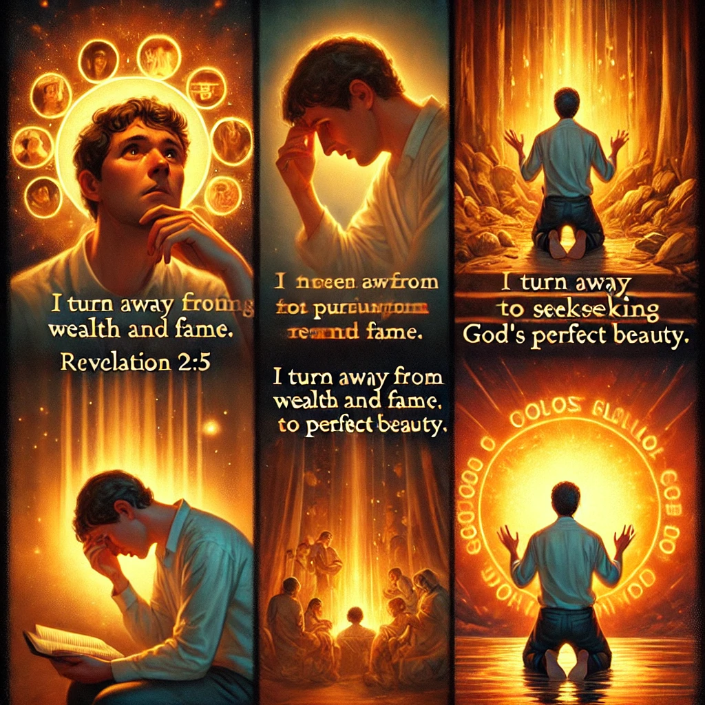 요한계시록 2:5 말씀을 따라, 세상의 부와 명예를 추구하는 마음에서 돌이켜 하나님의 아름다움을 추구하는 모습이 담긴 이미지가 있습니다. 이 장면은 우리의 시선이 세상이 아닌 하나님을 향해야 하며, 날마다 그분께로 돌이키려는 노력이 필요함을 강조합니다. 🙏✨📖