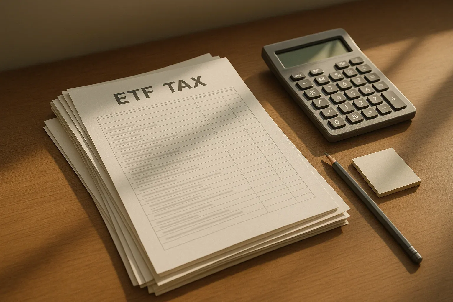 ETF 세금 신고서류와 계산기가 놓인 책상 위의 모습을 보여주는 정리된 이미지