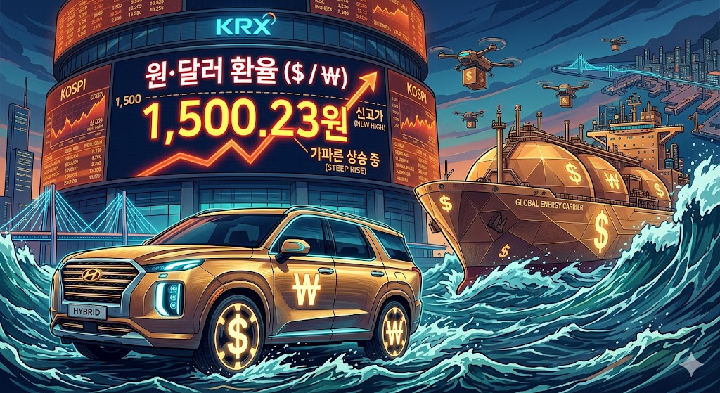 '1,500원'을 돌파하며 가파르게 솟구치는 원&middot;달러 환율 전광판을 배경으로, 달러 기호($)가 선명한 황금빛 현대차 하이브리드 카와 거대한 LNG 운반선이 거친 파도를 뚫고 전진하는 네오 미래지향적 일러스트