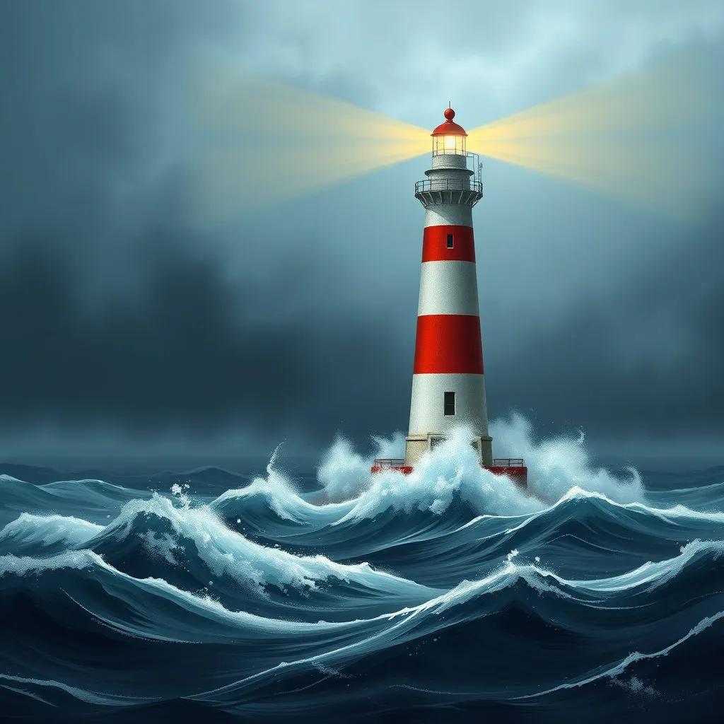 거친 파도와 어둠 속에서 멀리 한 줄기 밝은 빛을 내뿜는 등대(Light house)가 보입니다. 등대는 공영방송의 역할과 미래를 상징하며, 주변의 파도는 현재의 갈등을 나타냅니다. 고요하지만 강인한 분위기를 연출