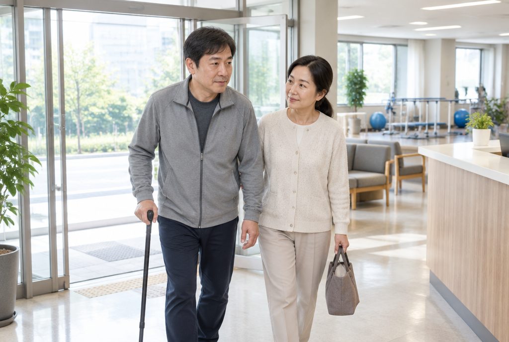 뇌출혈 퇴원 후 외래 재활을 다니는 편마비 환자와 보호자