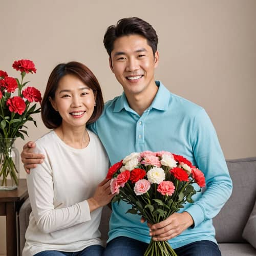 엄마에게 카네이션 꽃다발을 전달하는 아들