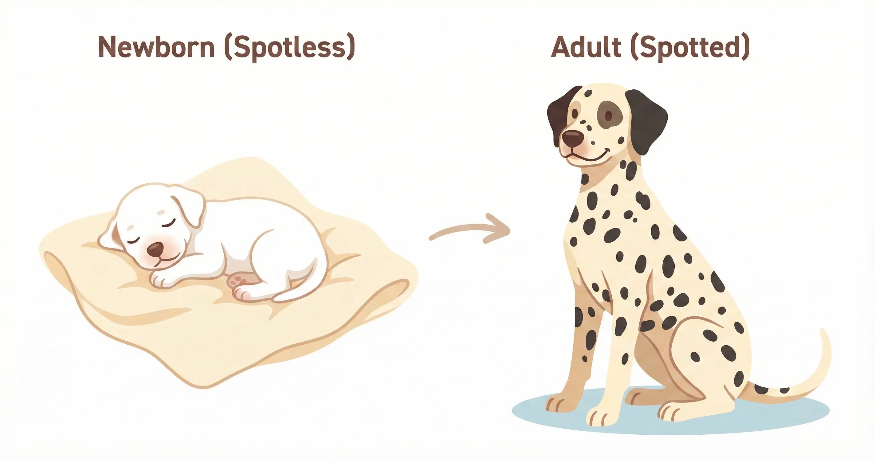 갓 태어난 새하얀 강아지와 성견의 점박이 비교