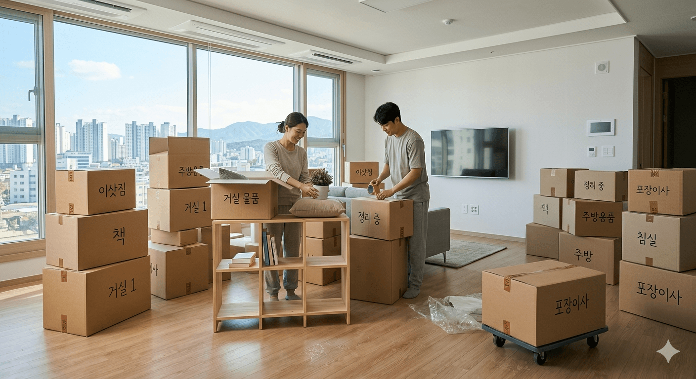 이삿짐 박스가 쌓여 있는 새집 거실 사진