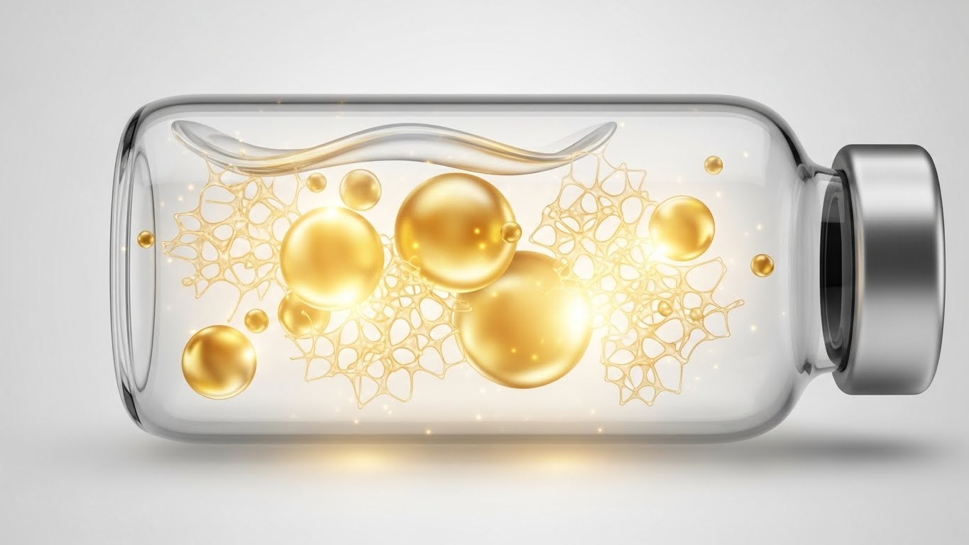 깨끗한-과학-유리-바이알에-떠-있는-빛나는-황금-방울과-단백질-구조로-표현된-정제된-태반-유래-추출물의-상세하고-현실적인-개념-이미지입니다.