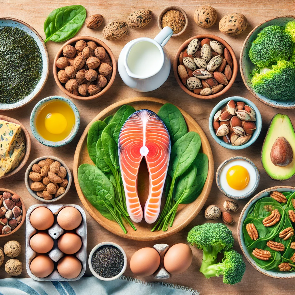 "A variety of thyroid-friendly foods including salmon, eggs, seaweed, and Brazil nuts."