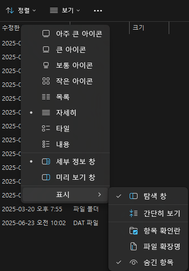 이미지 2. 보기 설정, 표시, 숨긴 항목 체크