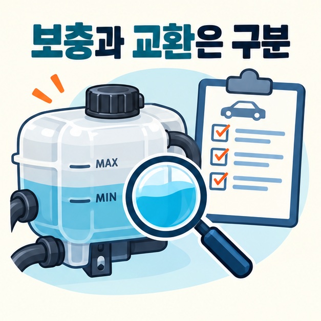닫힌 냉각수 보조 탱크와 점검표로 보충과 교환을 구분하는 모습