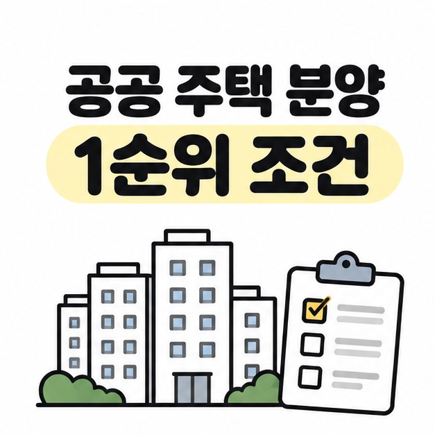 공공 주택 분양 1순위 조건 제목과 아파트 및 청약 확인표를 표현한 표지 일러스트