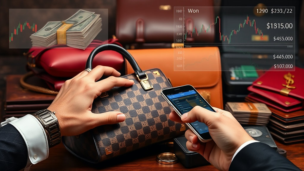 명품 가방, 시계, 지갑 등이 쌓여 있는 배경 위에 돈다발