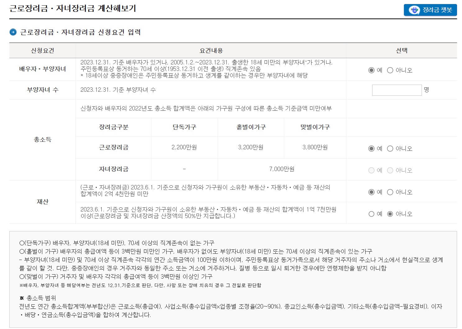 홈택스 근로장려금 모의 계산 총소득