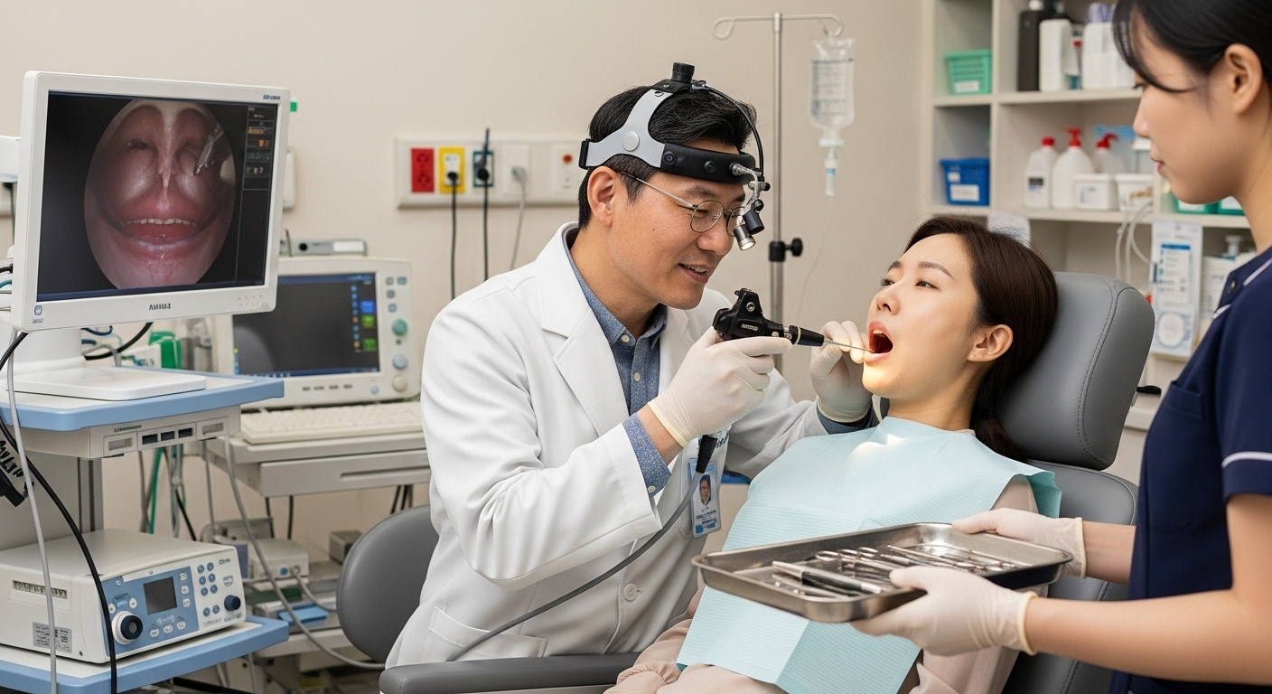 이비인후과에서 환자가 내시경 검사를 받는 모습