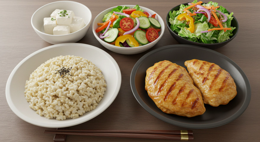 현미밥과 닭가슴살, 샐러드로 구성된 균형 잡힌 한 끼 식단