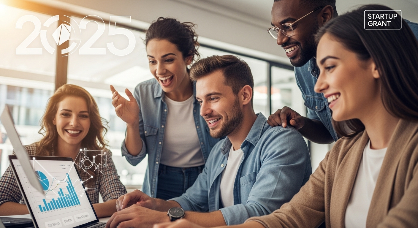 2025년 청년 창업 지원금 신청을 위해 밝은 코워킹 스페이스에서 노트북과 태블릿을 보며 열정적으로 협업하는 젊은 창업가들