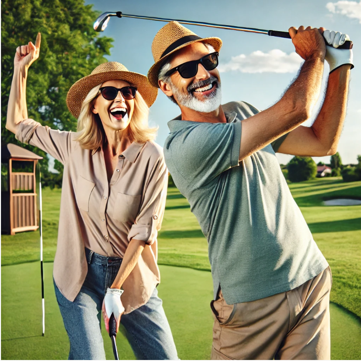 골프를 치고 즐거워 하는 남여사진