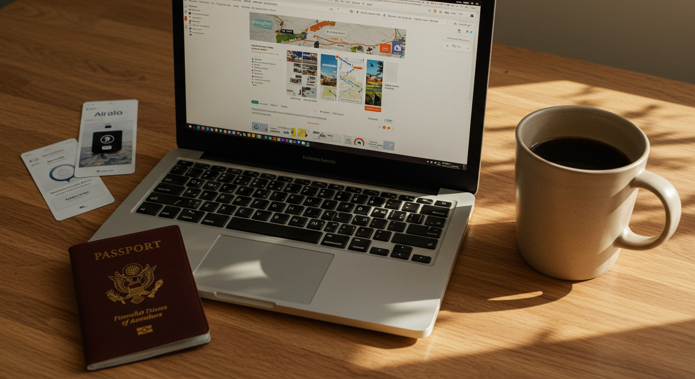 여행 중 데이터를 관리하는 노마드의 작업 책상