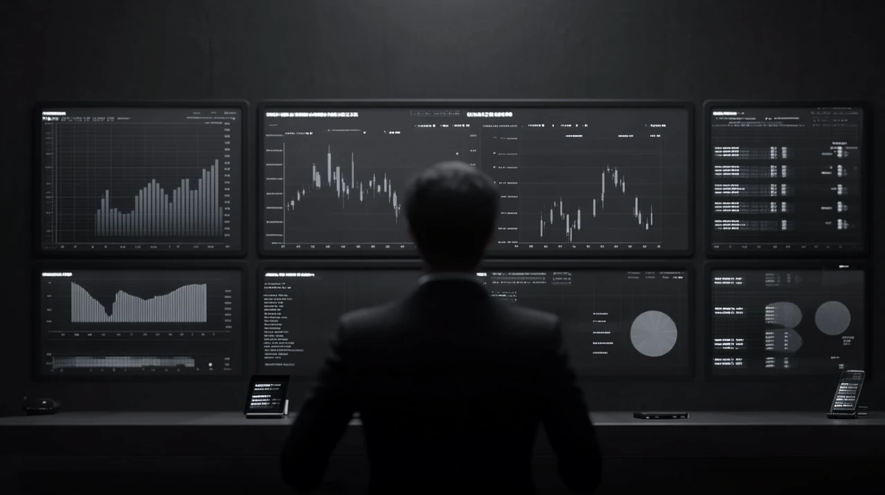 중국 증시 차트를 분석하는 마케터의 모습, 미래지향적 기술과 전략적 접근 방식 강조, ETF 성장주와 국영기업의 비교 분석 중심