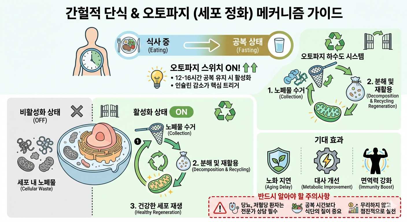 간헐적 단식 &amp; 오토파지(세포 정화) 메커니즘 가이드 인포그래픽
