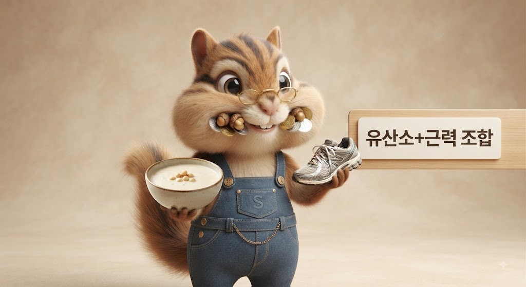 다람쥐 캐릭터가 콩국 식습관과 유산소·근력운동 조합의 당뇨 관리 효과를 설명하는 장면
