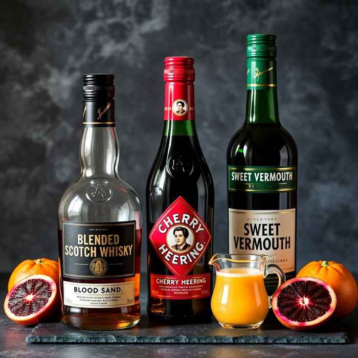 블러드 앤 샌드 재료 - 스카치 위스키, 체리 리큐르, 스위트 베르무트와 오렌지 주스