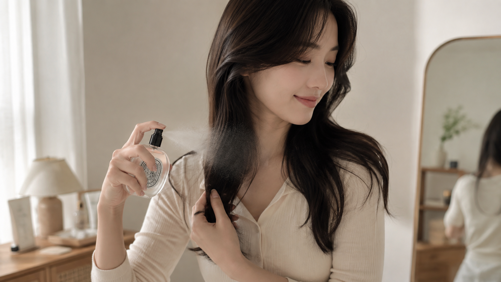 실내에서 머리카락 끝에 헤어미스트를 분사하며 향을 즐기는 한국 여성 이미지