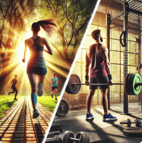 유산소 운동(조깅)과 무산소 운동(웨이트 트레이닝)하는 모습