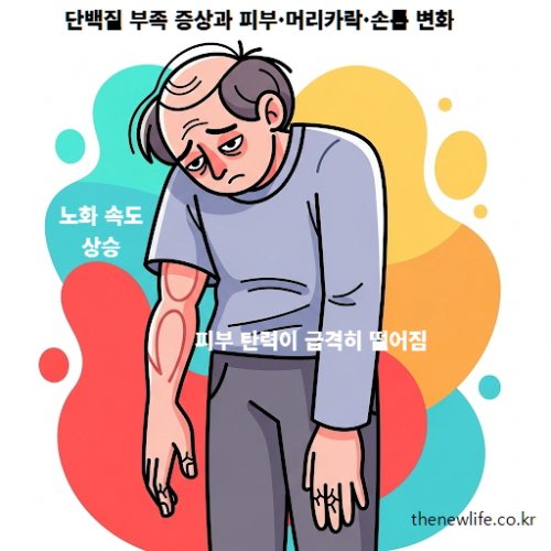 단백질 부족 증상으로 인한 피부 탄력 저하와 노화 속도 증가, 머리카락 손상과 손톱 변화가 나타난 모습