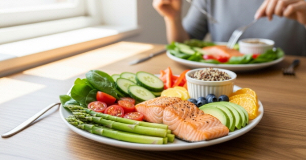 지루성 두피염 완화에 도움이 되는 신선한 채소와 단백질 위주의 건강한 식단