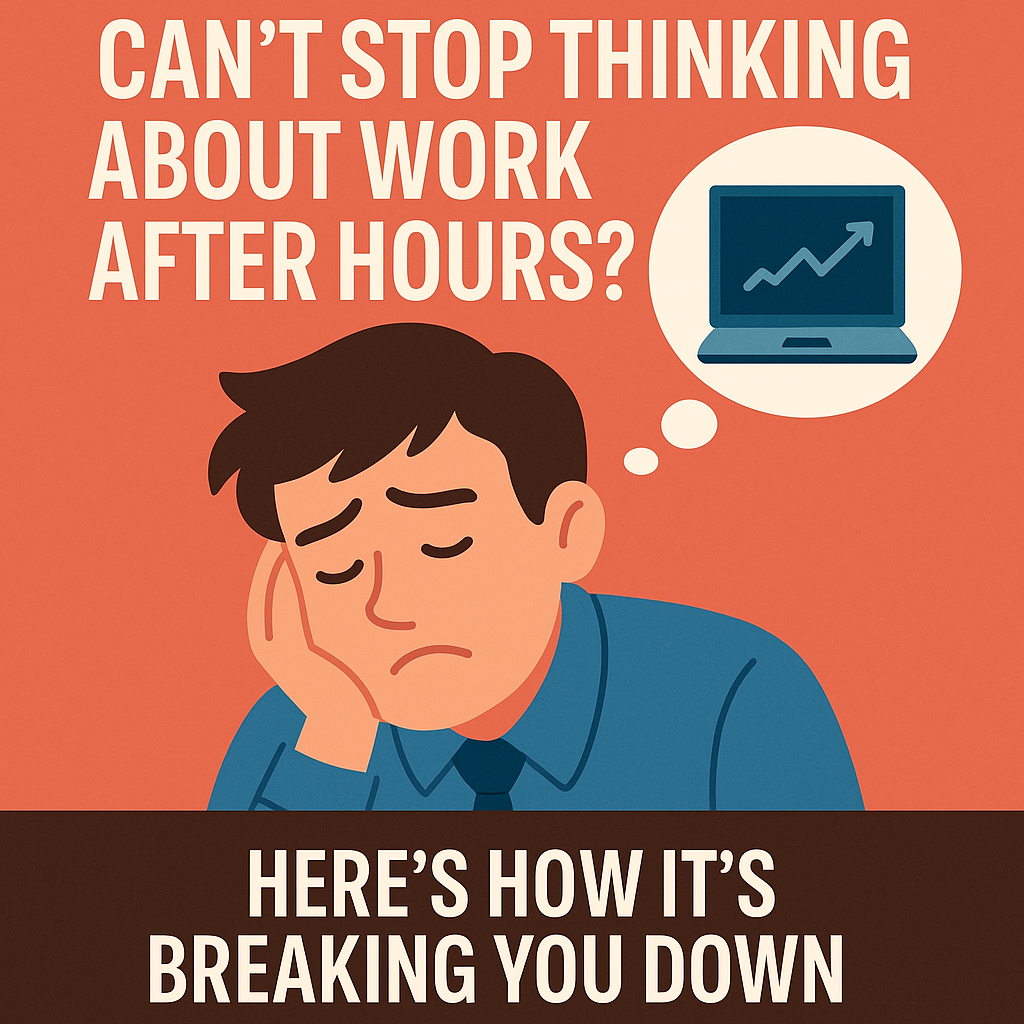Thumbnail illustration of a stressed office worker at night with a laptop glowing, with bold text &lsquo;Stop Overthinking Work&rsquo; and subtext &lsquo;Find Balance After Hours,&rsquo; VitalValue health blog