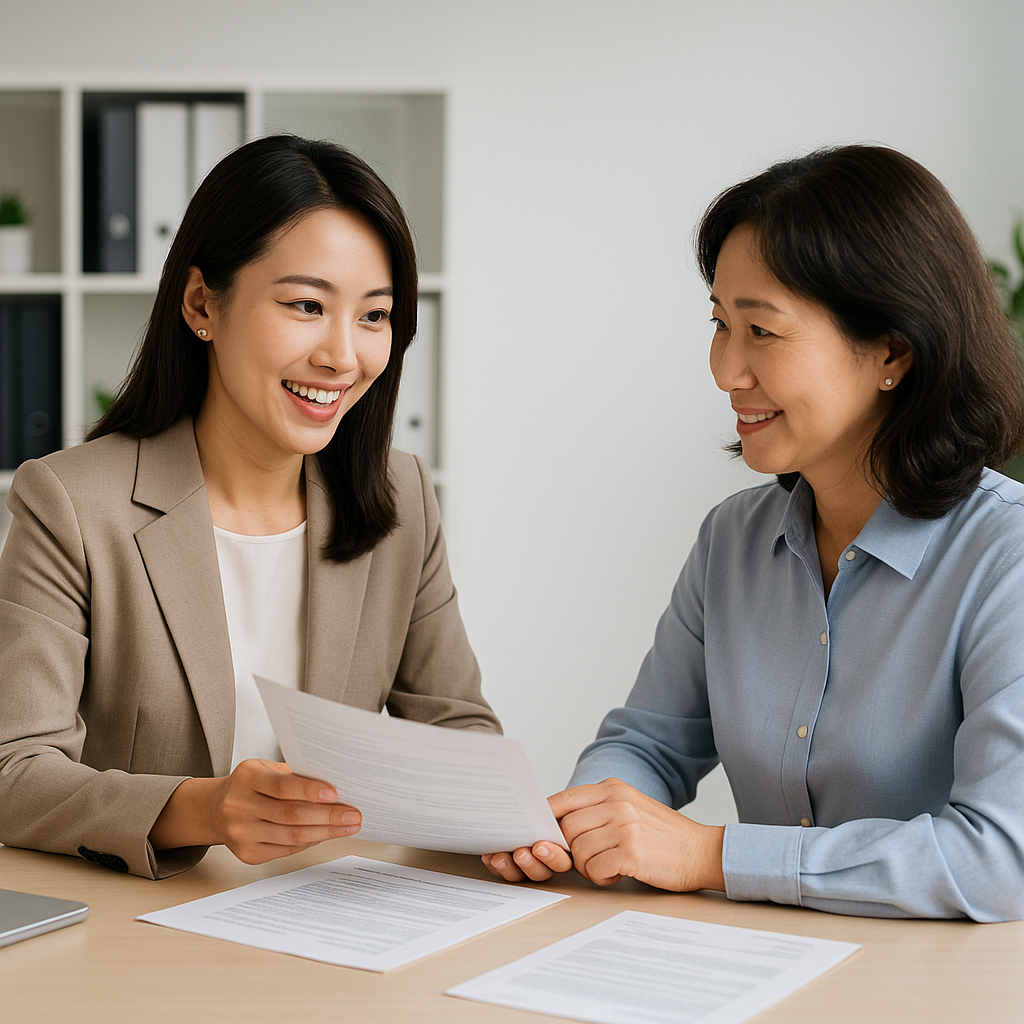 깔끔한 사무실에서 커리어 컨설턴트와 중년 남성이 1:1로 상담하는 모습