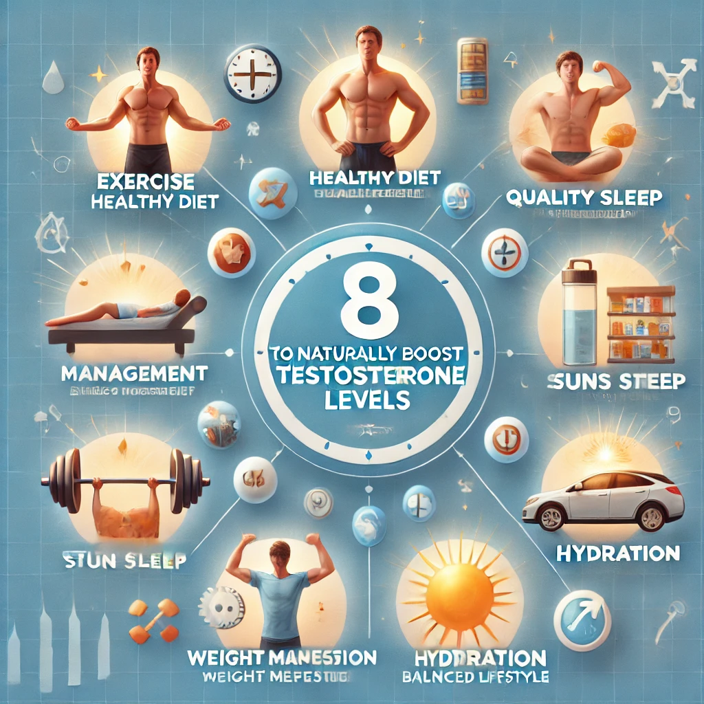 "남성호르몬 증가를 위한 8가지 습관: 운동, 식단, 수면, 스트레스 관리, 체중 감량, 태양 노출"