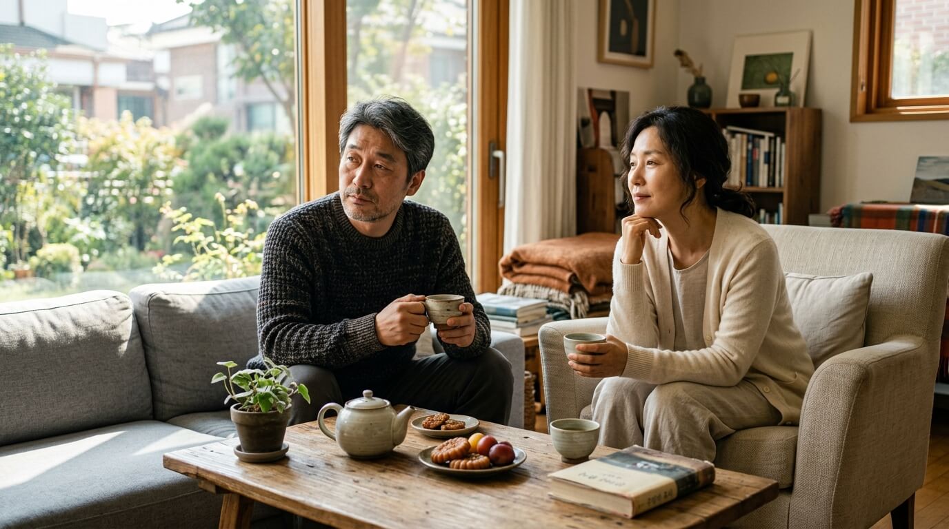 주말 휴식 중에도 피곤함을 느끼는 중년 남녀의 모습