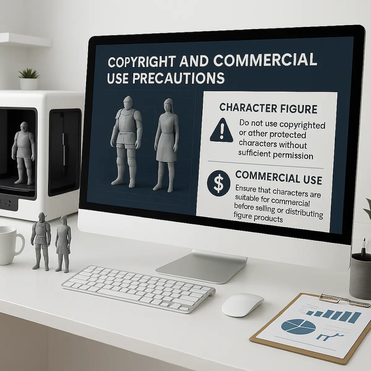 캐릭터 피규어 제작 시 저작권과 상업적 활용 주의사항이 정리된 컴퓨터 화면, 인물 없이 정보가 표시된 장면