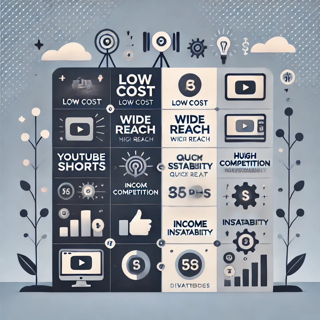 현대적이고 세련된 디자인의 유튜브 숏츠 부업의 장단점 이미지. 이미지가 두 섹션으로 나뉘어 있으며, 한쪽은 저비용, 넓은 도달 범위, 빠른 설정과 같은 장점을, 다른 쪽은 높은 경쟁과 불규칙한 수익과 같은 단점을 나타내는 아이콘으로 구성되어 있습니다. 배경은 부드러운 그라디언트로, 균형 잡힌 시각적 표현을 강조합니다.