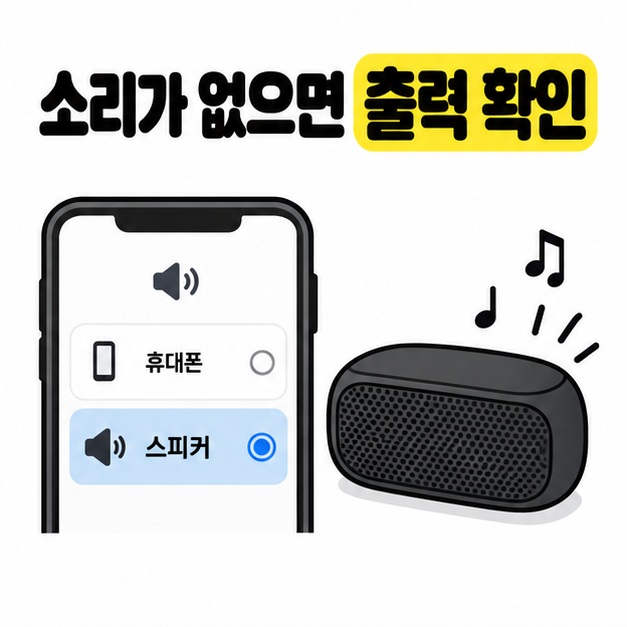 오디오 출력 선택 화면에서 휴대폰 대신 스피커를 선택하고 음악이 재생되는 모습