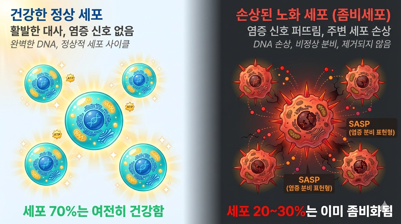 건강한 정상 세포 vs 손상된 노화 세포(좀비세포)와 염증 신호 SASP
