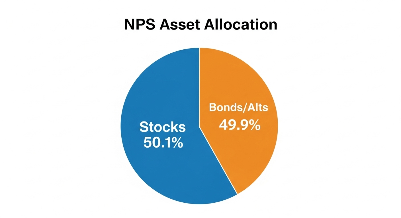 국민연금 포트폴리오를 보여주는 파이 차트 (주식 50.1%, 채권/대체투자 49.9%)