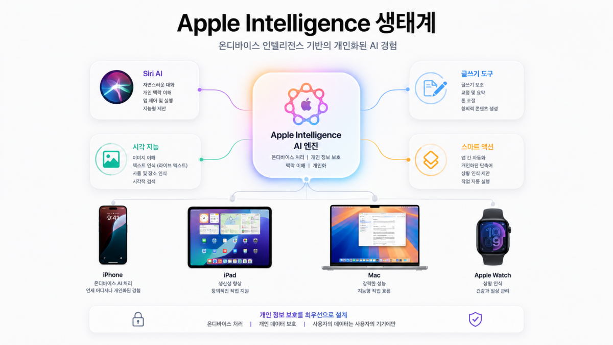 Apple Intelligence 생태계와 Siri AI 구조 설명 다이어그램